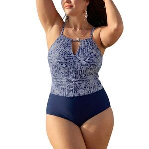 Sun & Sea Swimsuit Size 18 Navy White One Piece Tummy Control Built In Bra